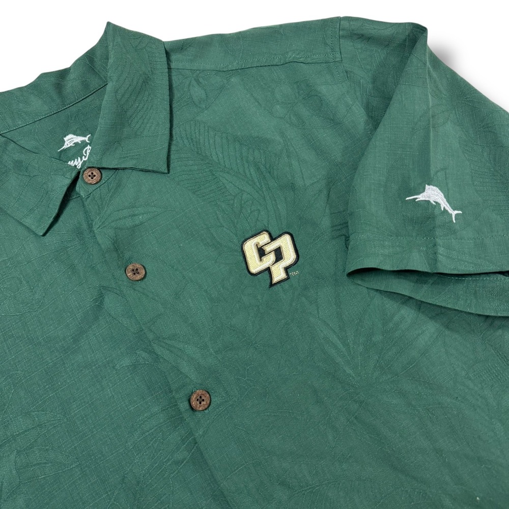 Tommy Bahama Cal Poly Mustangs Green Tropical Leaf Jacquard Silk Camp Shirt L